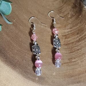Elegant Dangle Hook Earrings Pink Cats Eye Glass Beads With Silver Toned Accents